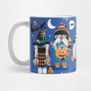 Boo-tiful gnomes // cobalt blue background fun little creatures black grey pastel blue and orange dressed for halloween Mug